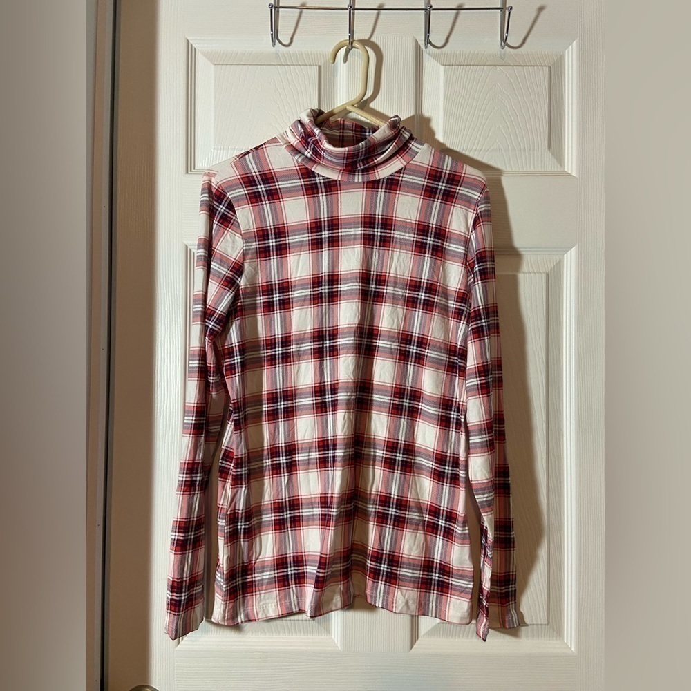 LANDS' END Top Womens M Turtleneck Shaped Fit Long Sleeve Red Plaid Fitted Shirt